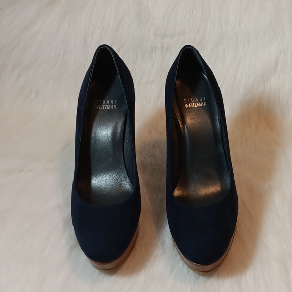 Stuart Weitzman Blue Suede Wooden Heels Size 8.5 M - Picture 1 of 8